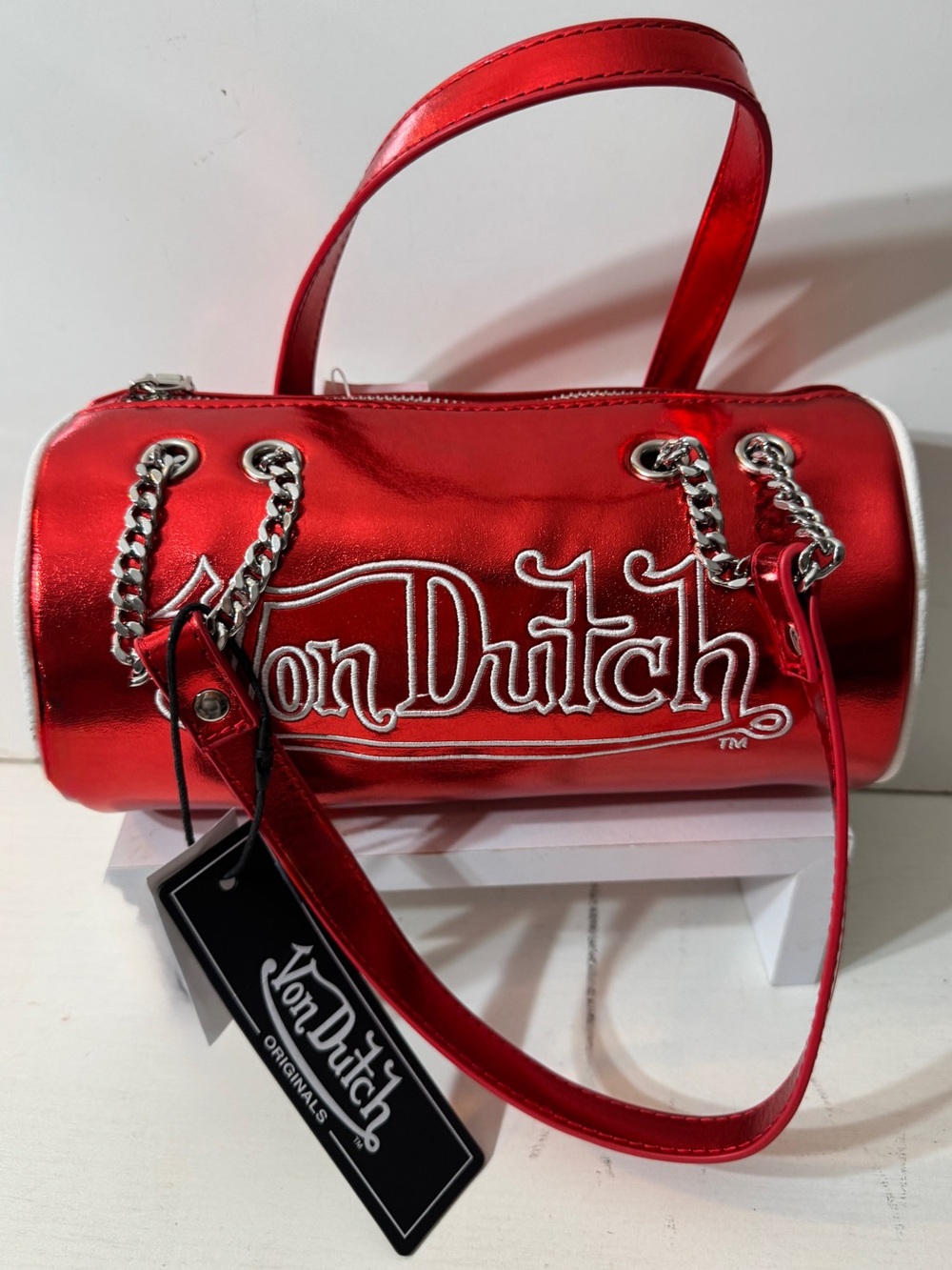 Von Dutch Metallic Red Barrel Shoulder Bag with Chain Handles